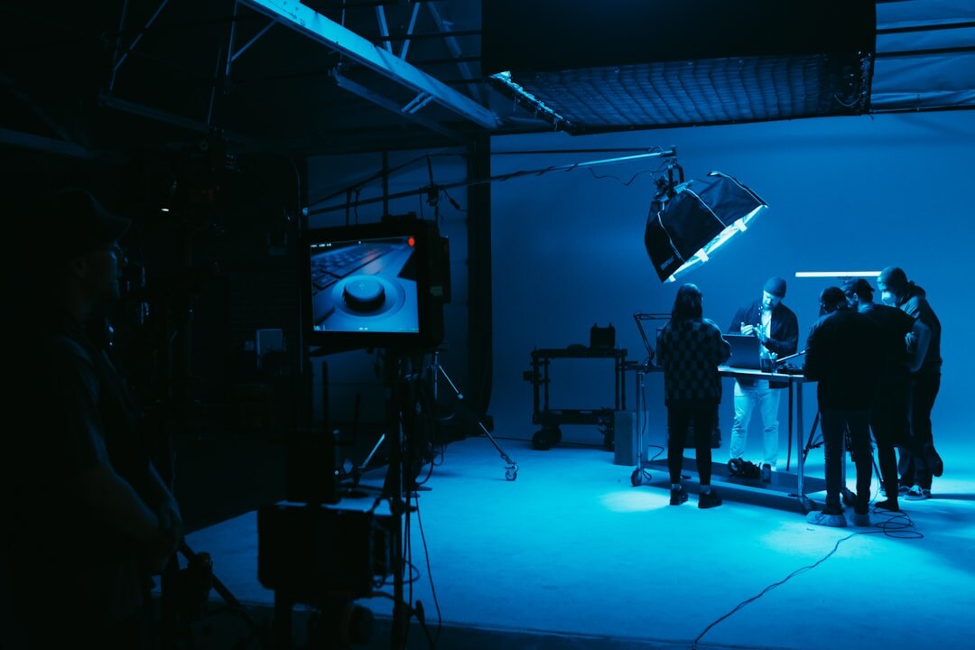 Professional broadcast studio with dramatic lighting for live on-air production