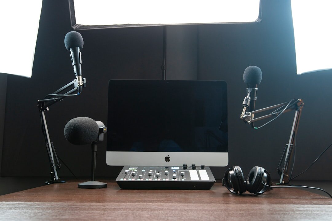 Live studio broadcast setup with anchor desk, cameras, and professional lighting