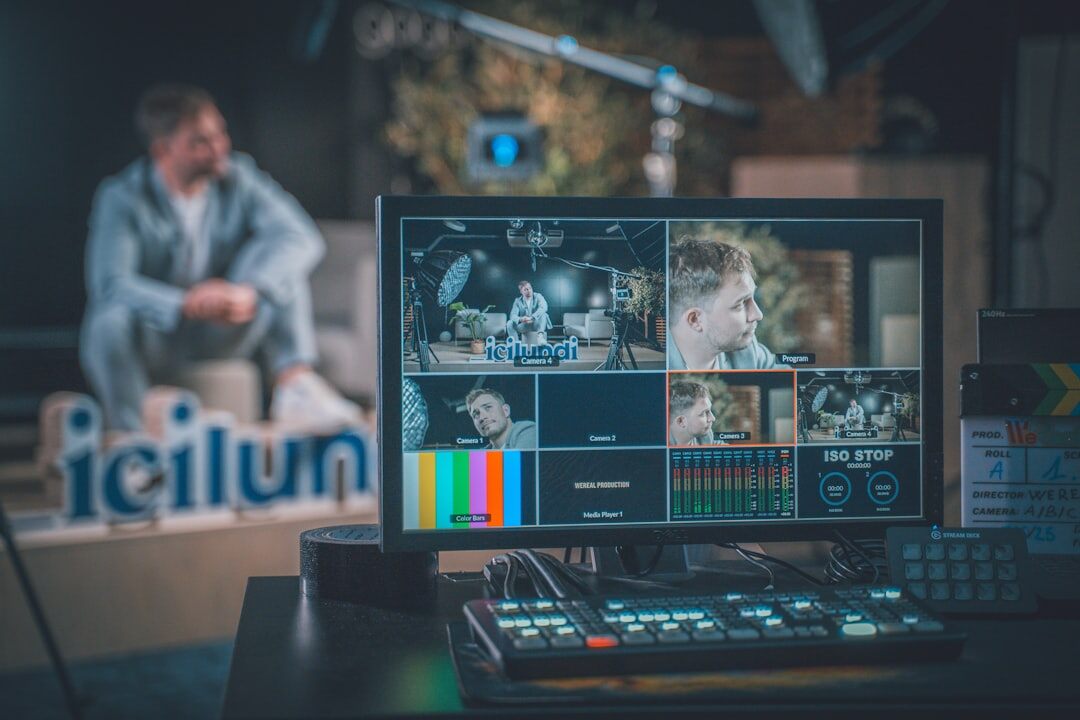 Broadcast production team working in a modern live studio control room